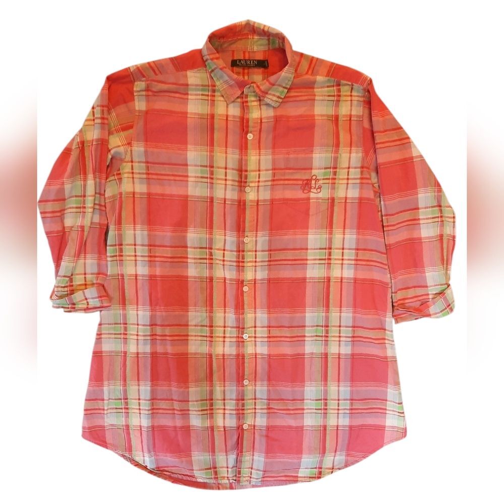 Lauren Ralph Lauren Shirt Womans Small Pink Plaid Flannel Button Up Preppy